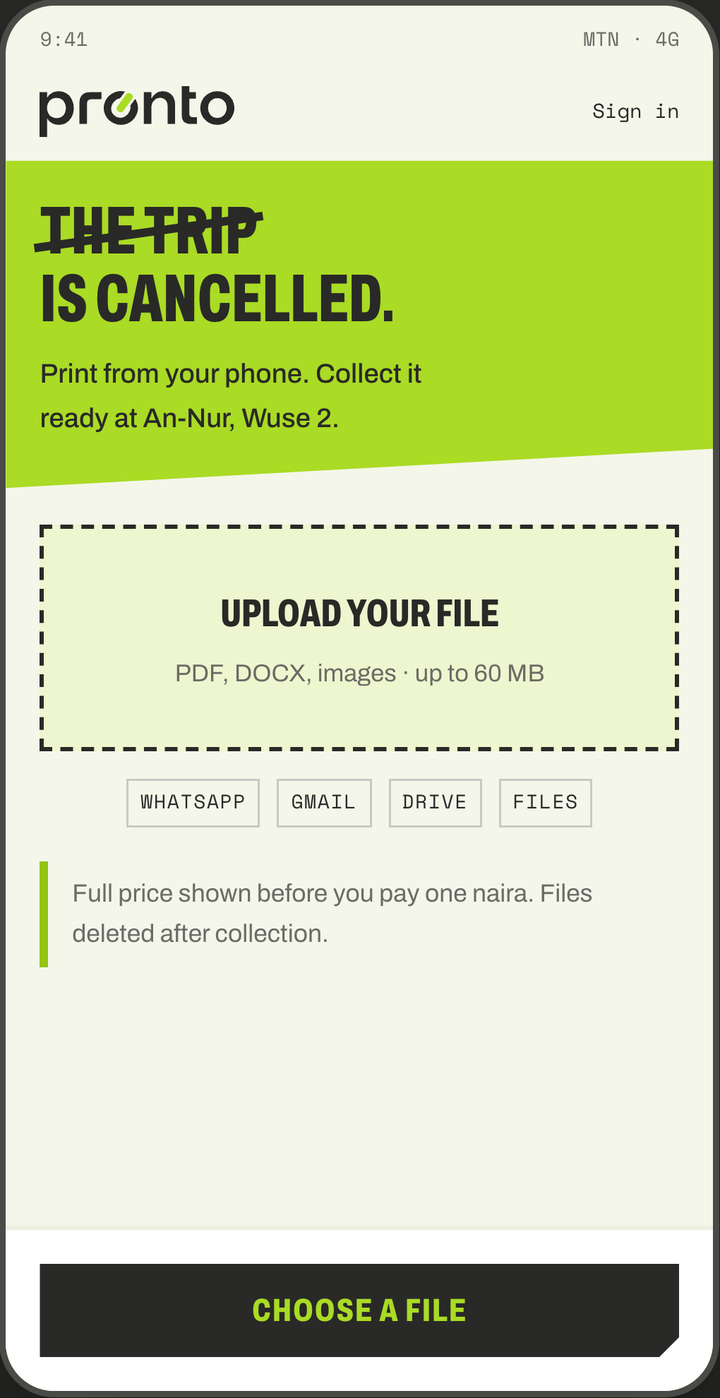 Pronto app screen 01