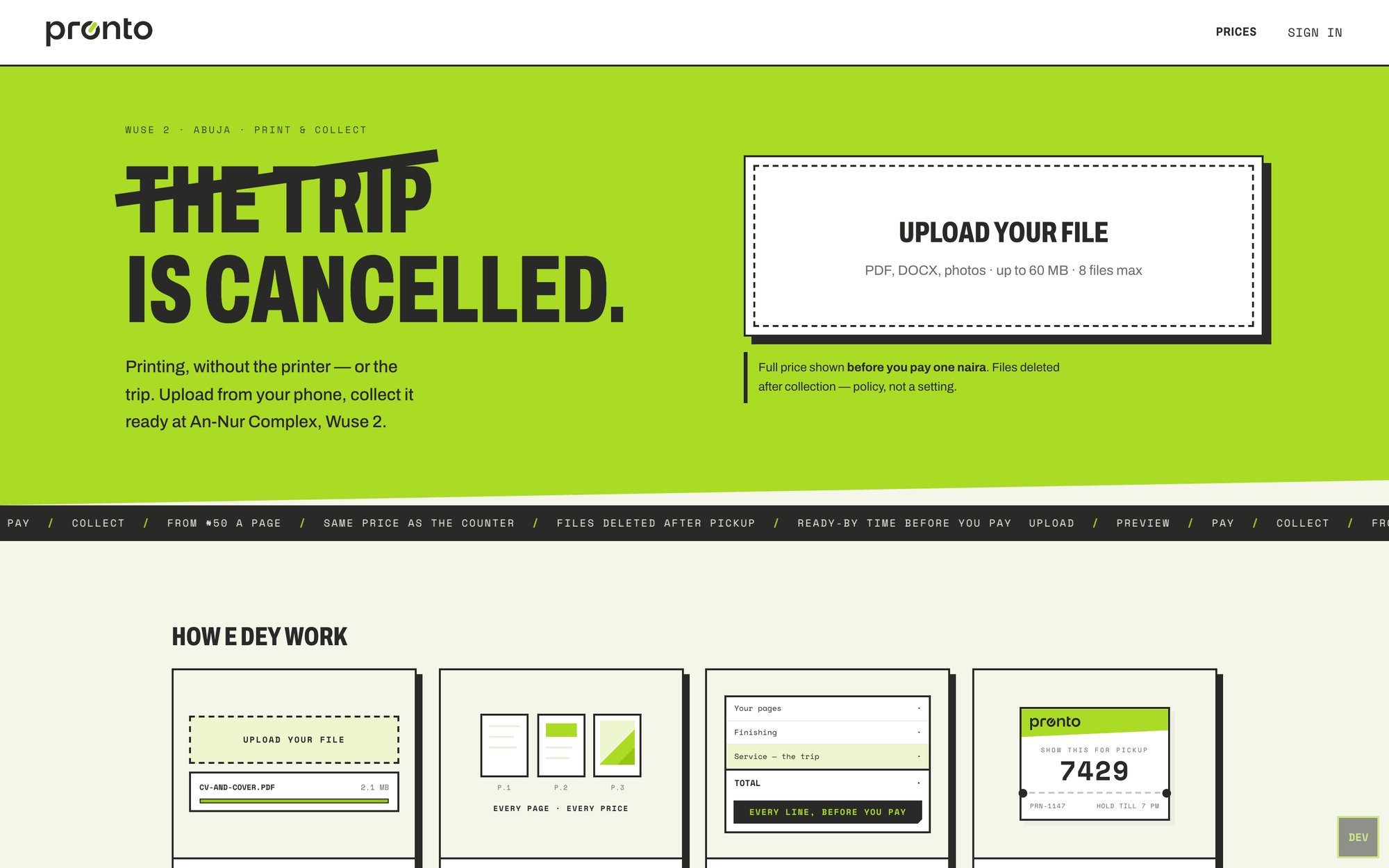 Pronto website — home